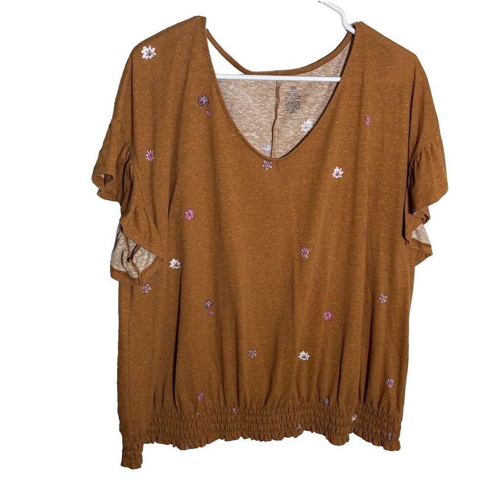 Sonoma T-Shirt Women's 2X V-Neck Brown Floral Short Sleeve Smocked Top
